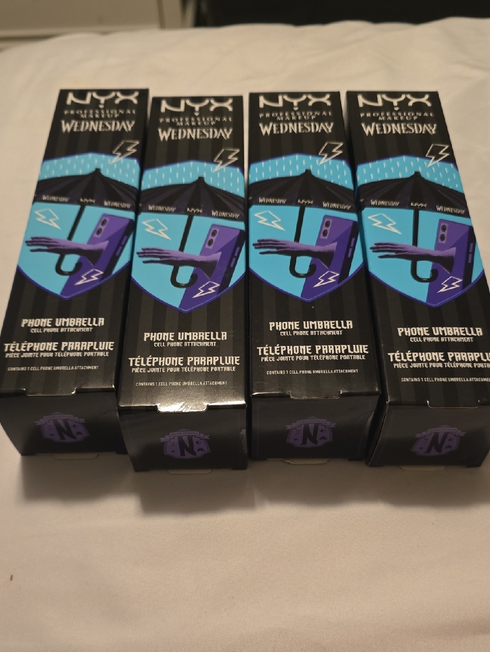 4 NYX  Wendesday Phone Umbrella with Blue and Purple Graphic Packaging